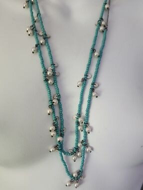 American Eagle Outfitters Turquoise Beaded Layered Necklace Faux Pearl Accents